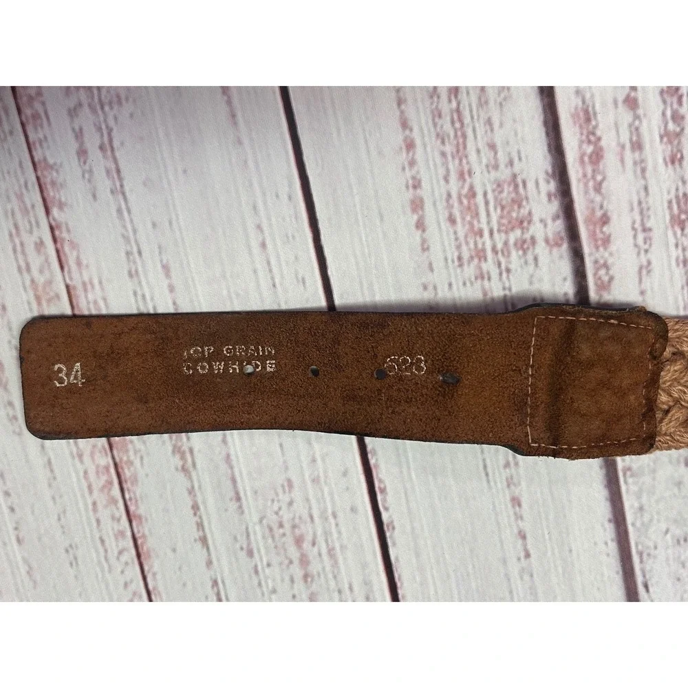 Mens Braided Jute Belt Brown Top Grain Cowhide Leather Trim Tan Woven Size 34